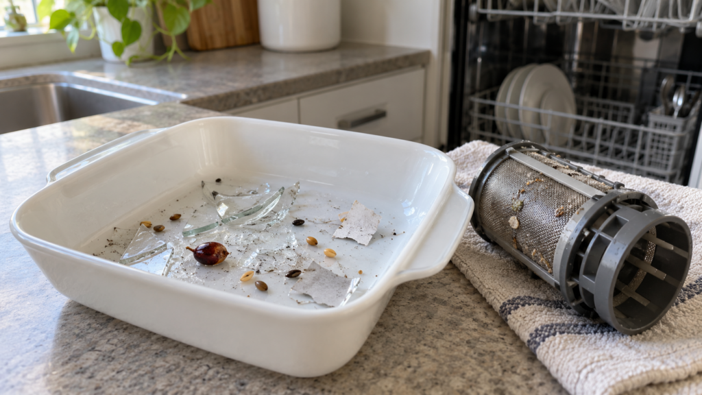 A baking dish holding glass fragments, a cherry pit and paper scraps from a dishwasher filter, with the filter beside it.