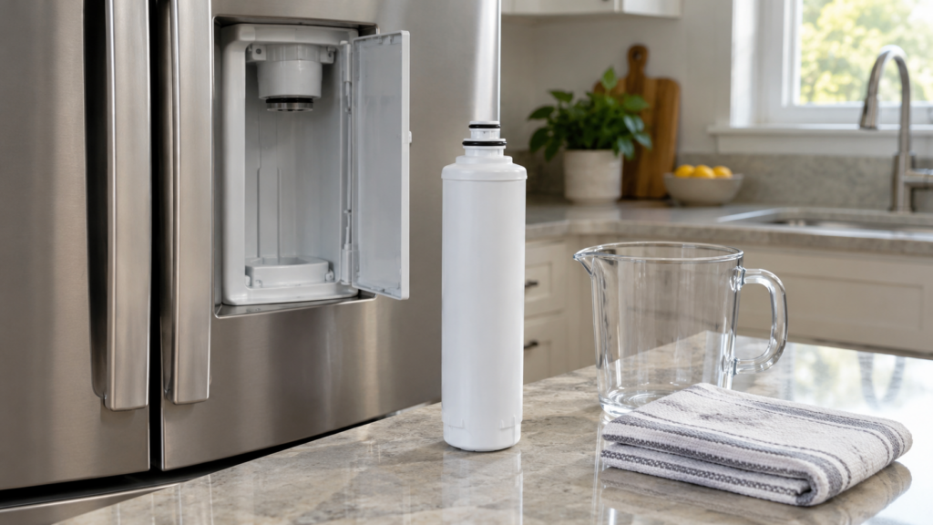 A new water filter cartridge on the counter beside a refrigerator's open filter housing, with a towel and a measuring jug.