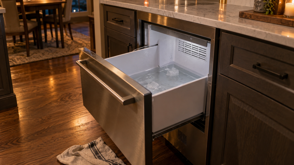 The open drawer of an undercounter ice machine holding a shallow pool of meltwater and a few slushy ice slivers.