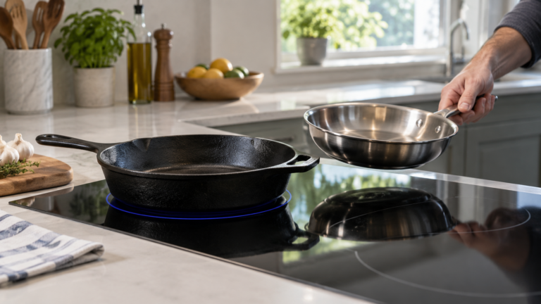 A heavy cast iron skillet on an induction zone with a hand holding a lighter stainless pan ready to swap.