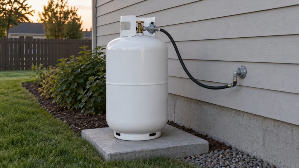 A white propane tank on a pad beside a house wall with a hose line from its regulator.