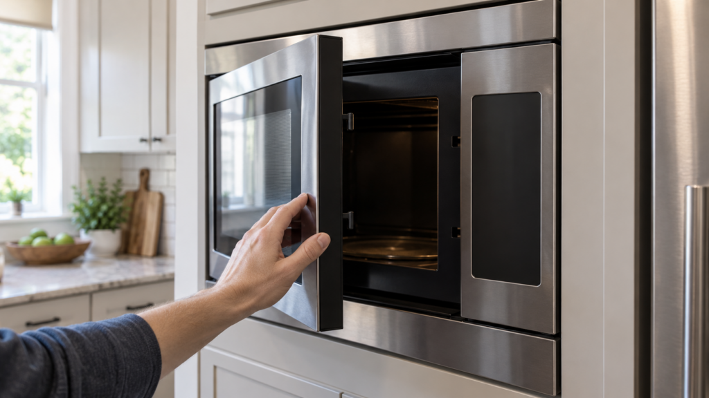 A built-in microwave with its door open a hand's width, the dark cavity and the door latch hooks visible.