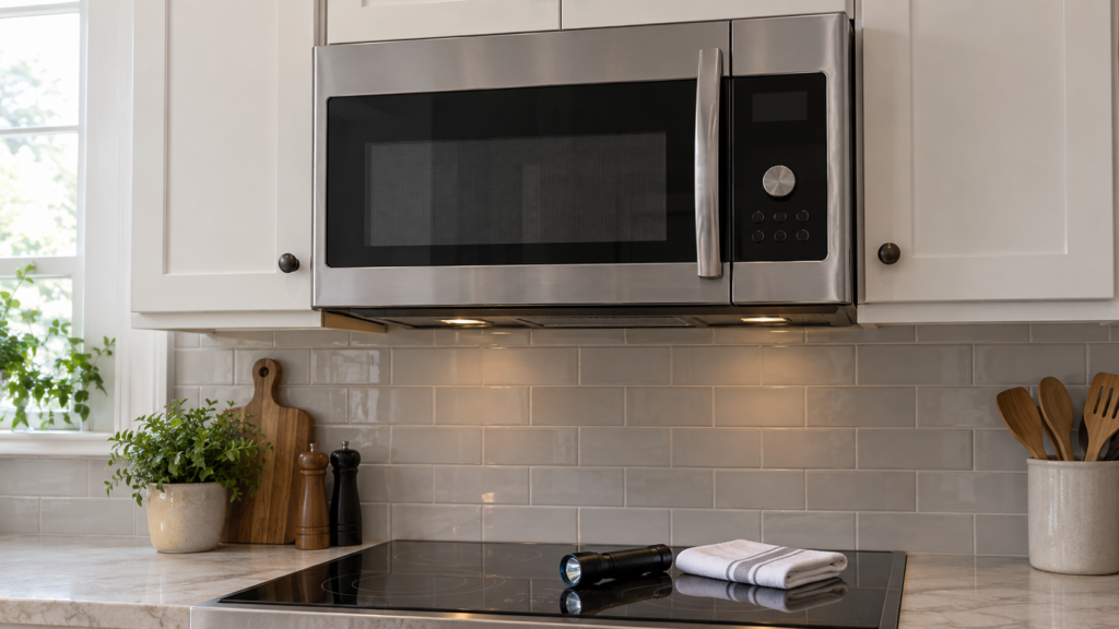 An over-the-range microwave with its door shut and display off, with a flashlight and a dish towel on the cooktop below.