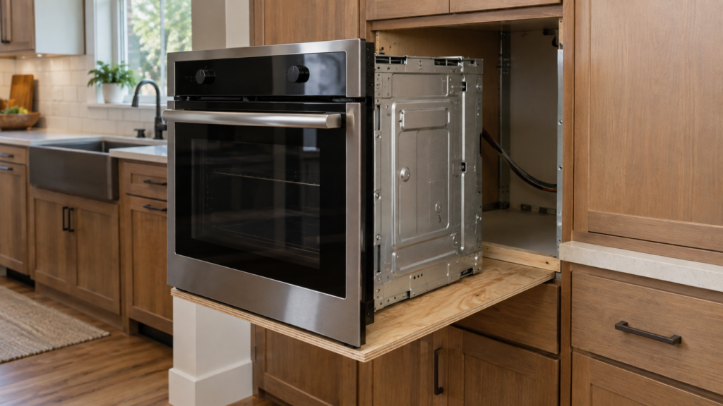A built-in single wall oven pulled about a foot out of its cabinet opening on a sheet of plywood.
