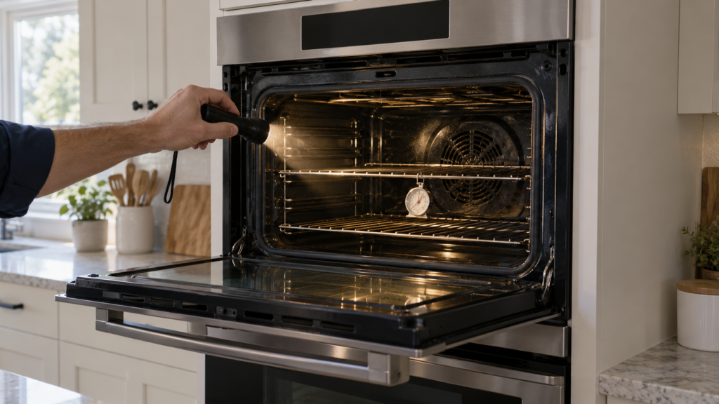 A flashlight beam into the open upper cavity of a double wall oven with a thermometer on the rack.