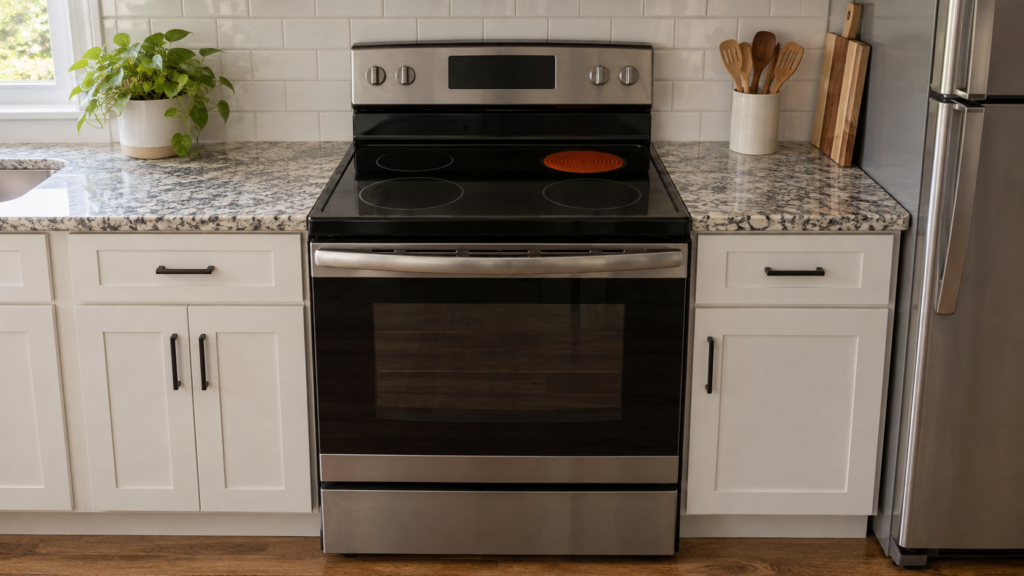 A glass-ceramic electric range with a single rear element glowing dull orange and an empty surface and dark display.