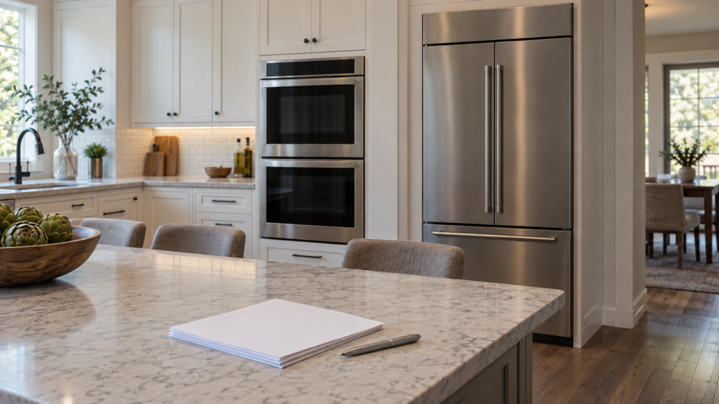 A built-in double wall oven and a refrigerator column behind a kitchen island holding folded papers and a pen.