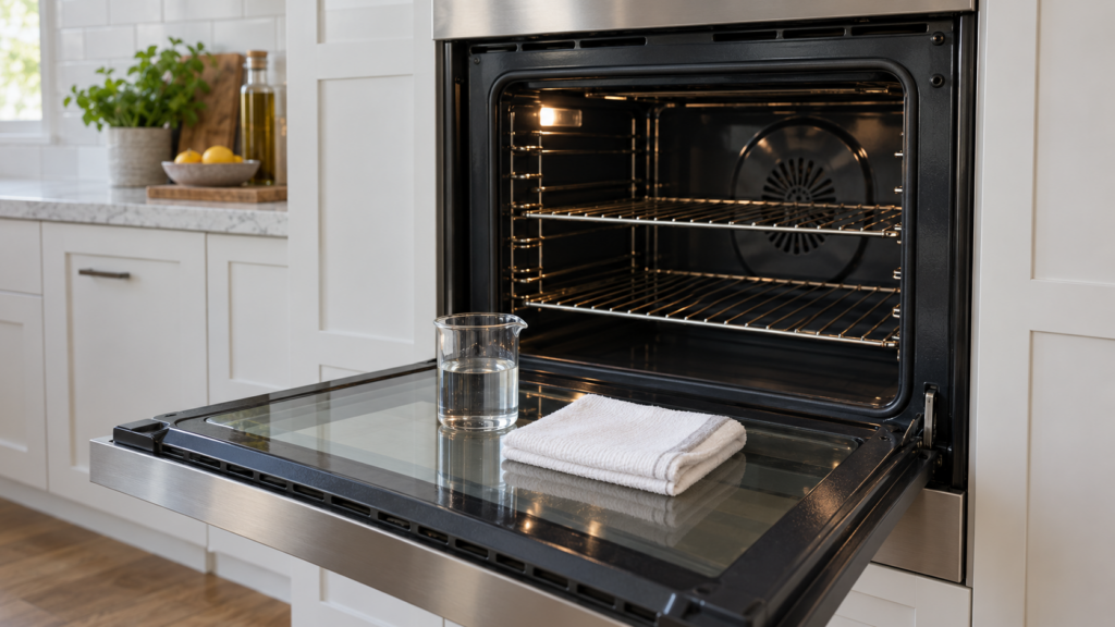 A built-in wall oven with its door open and a small beaker of clear liquid and a folded cloth resting on the lowered door.