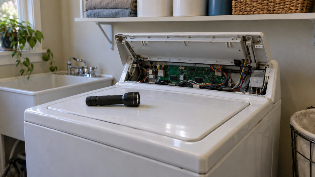 An older white top-load washer with its console panel tilted open on a hinge, showing the circuit board and wiring.